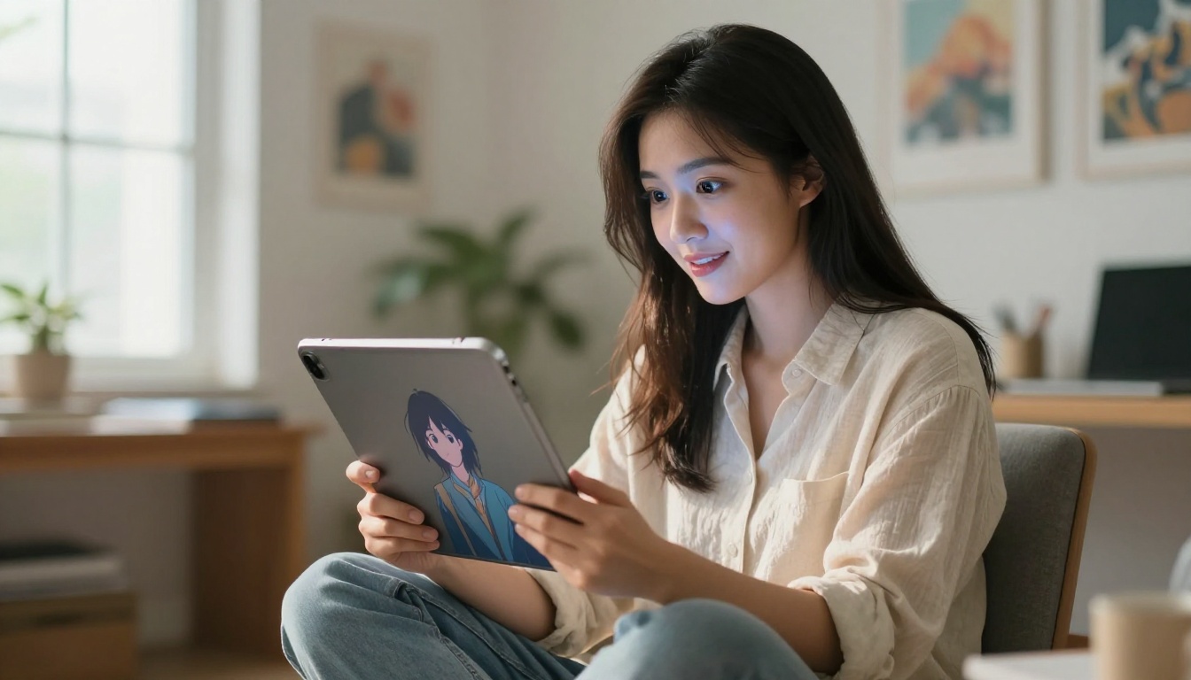 Young woman studying AI-generated anime output on iPad with expression of delight