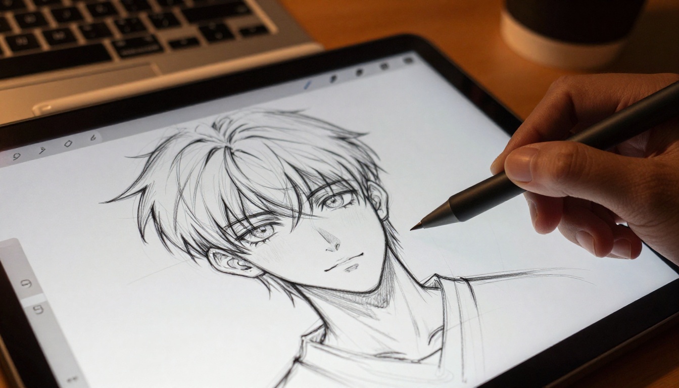 Digital drawing tablet showing loose anime character sketch with stylus resting on screen