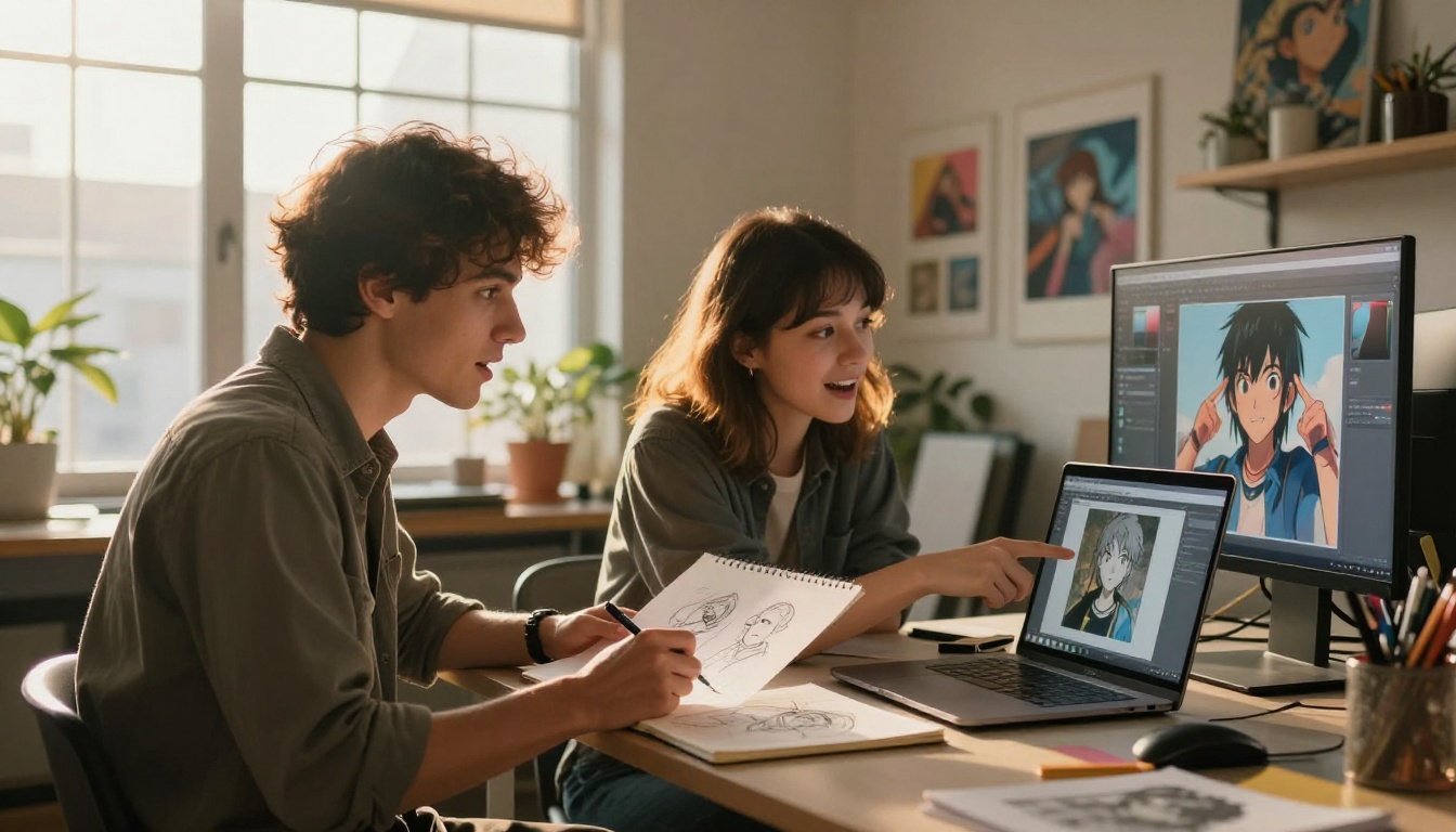 Two young creative professionals collaborating at a studio desk with sketchbook and laptop showing anime output