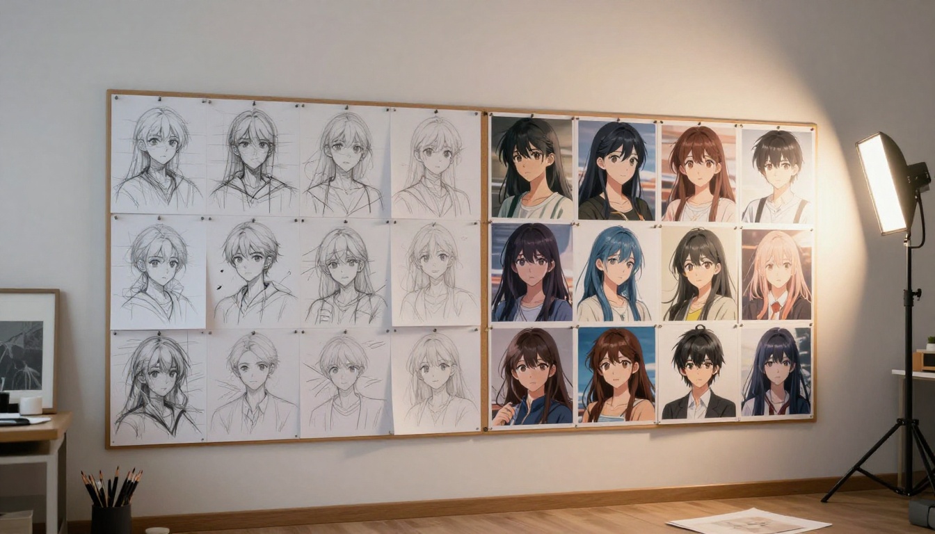Cork pinboard with pencil sketches on the left and printed anime illustrations on the right showing before-after comparison