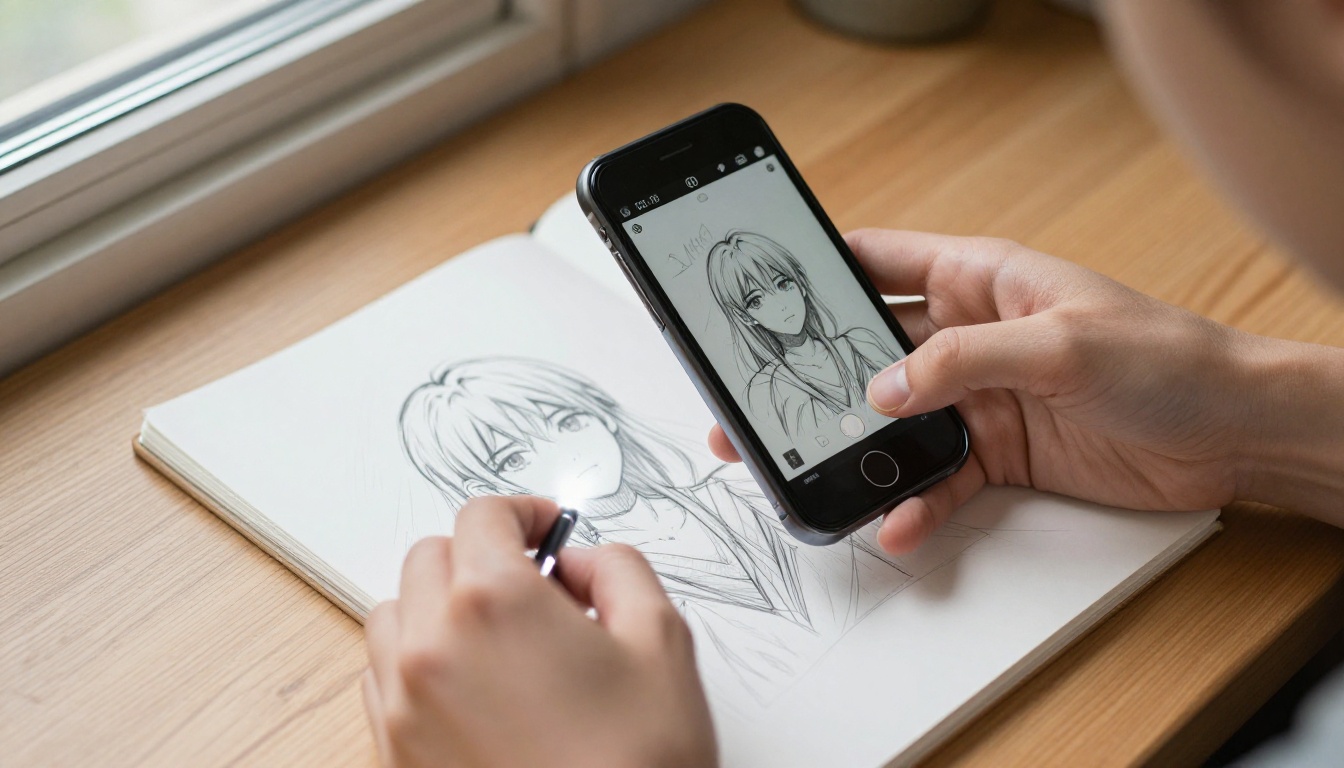 Woman's hands holding a smartphone above a sketchbook to photograph a character sketch for upload to AI art tool