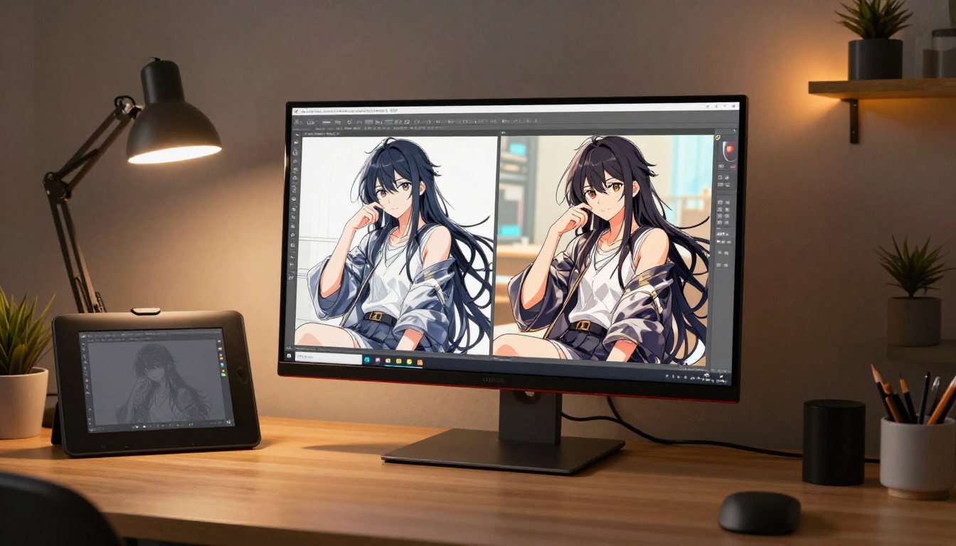 Monitor displaying side-by-side comparison of low-resolution anime draft versus sharply upscaled final illustration