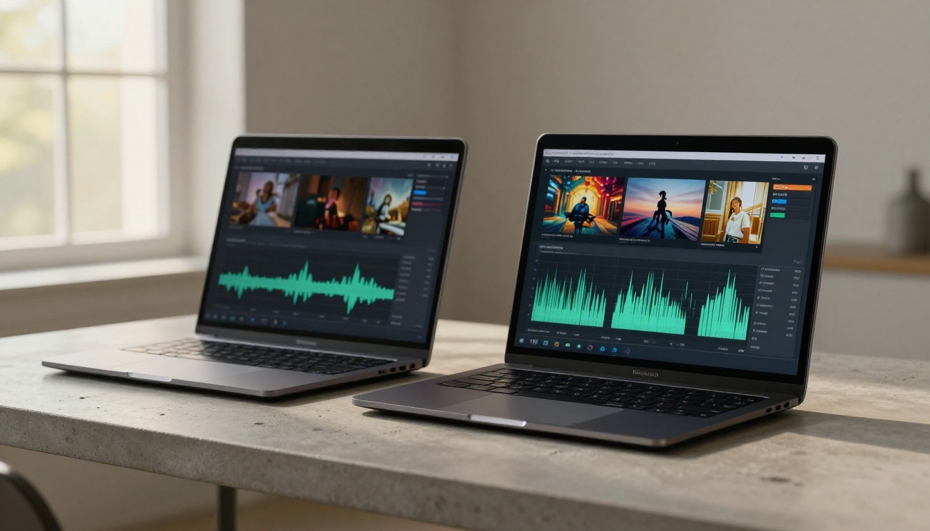 Two laptops showing AI video generation timelines side by side Two laptops showing AI video generation timelines side by side
