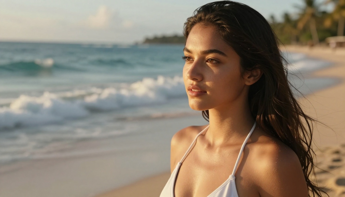 Beautiful woman in bikini on tropical beach representing AI uncensored content freedom Beautiful woman in bikini on tropical beach representing AI uncensored content freedom