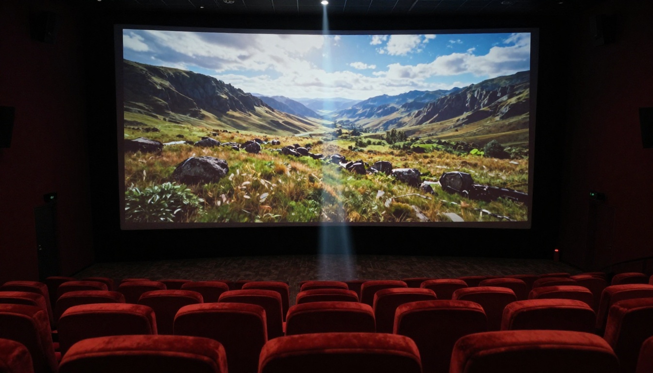 Professional cinema screening room with large projection screen showing AI video Professional cinema screening room with large projection screen showing AI video