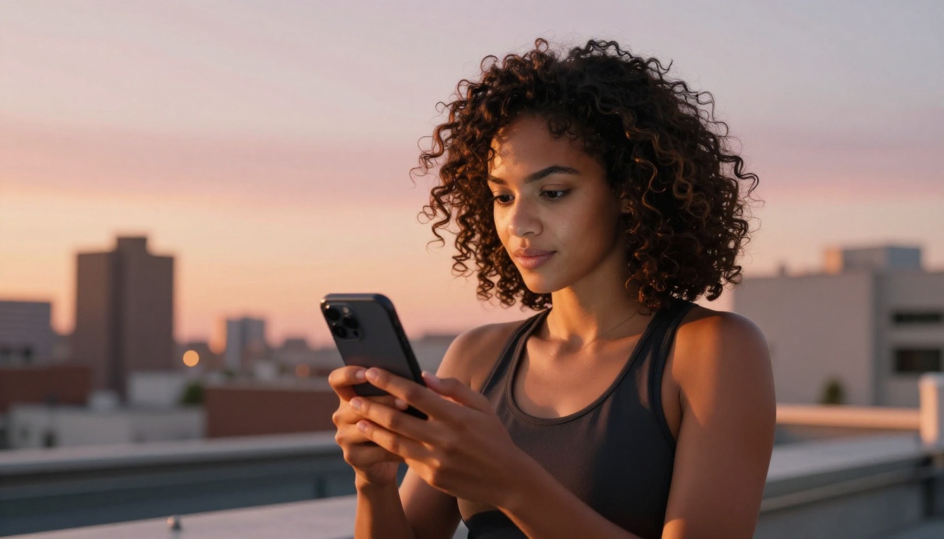 Content creator woman reviewing AI video footage on phone at golden hour on rooftop Content creator woman reviewing AI video footage on phone at golden hour on rooftop