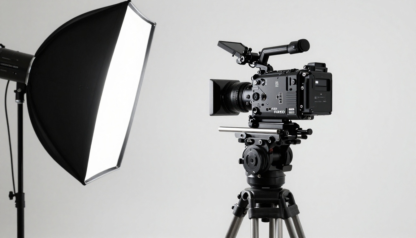 Professional filmmaker with cinema camera in studio bird's eye view Professional filmmaker with cinema camera in studio bird's eye view