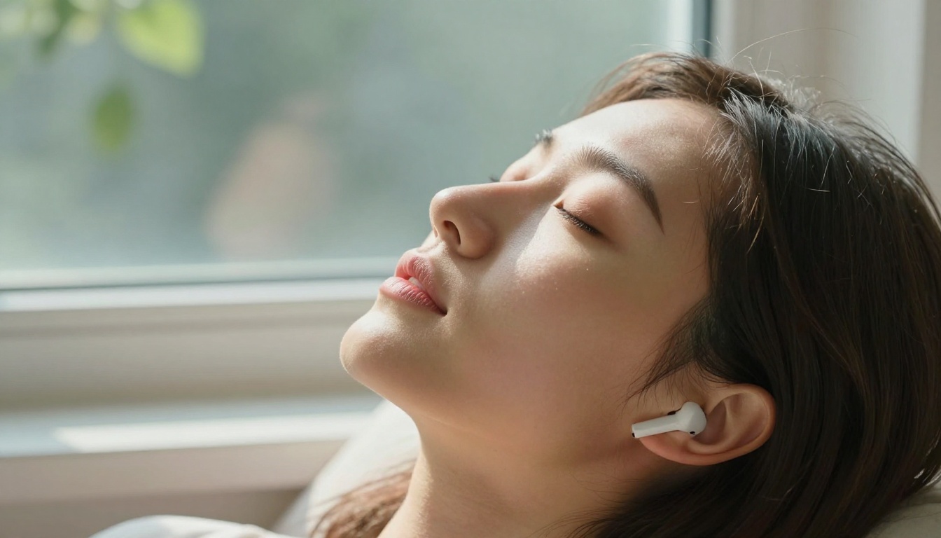 Woman with earbuds listening with eyes closed in serene golden morning light
