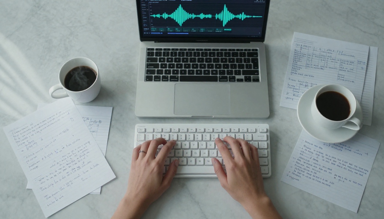 Overhead aerial shot of desk with keyboard, notes, and laptop showing audio waveform
