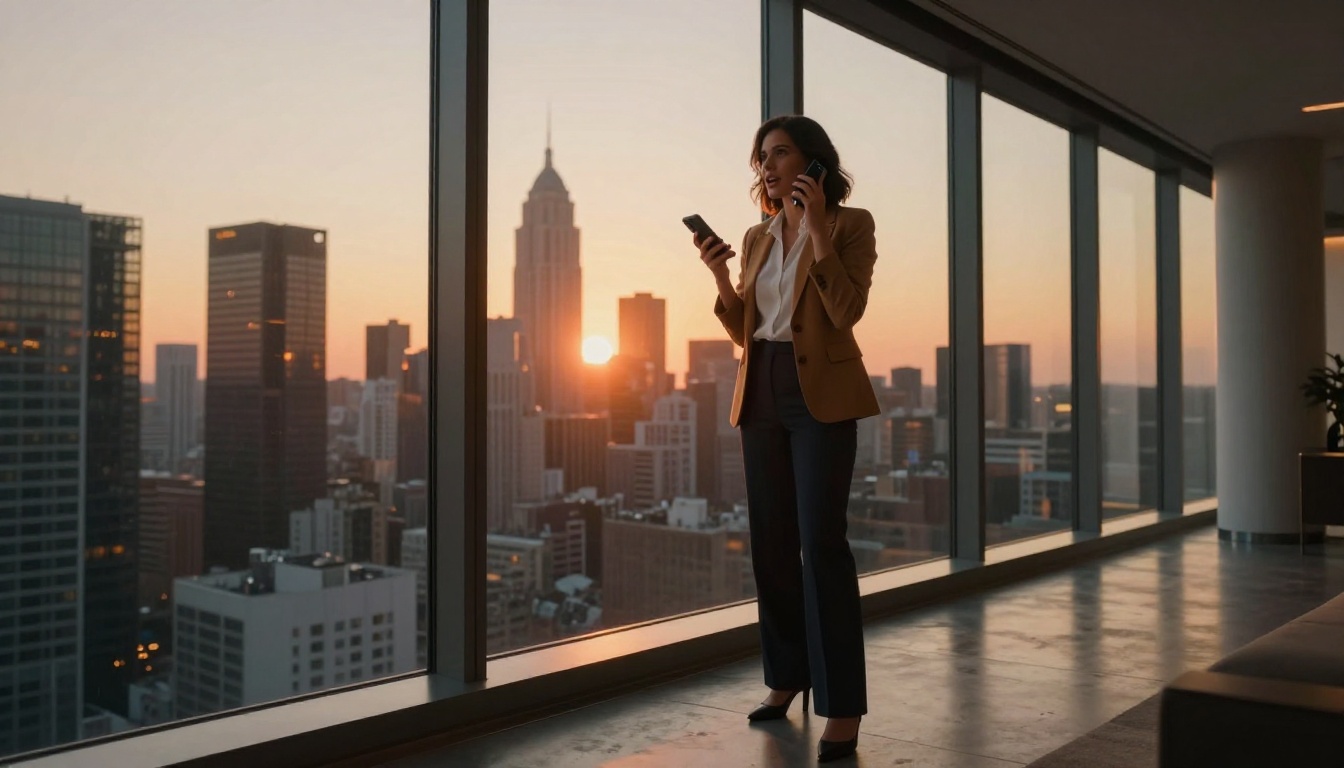Confident woman at floor-to-ceiling glass window holding phone at sunset cityscape