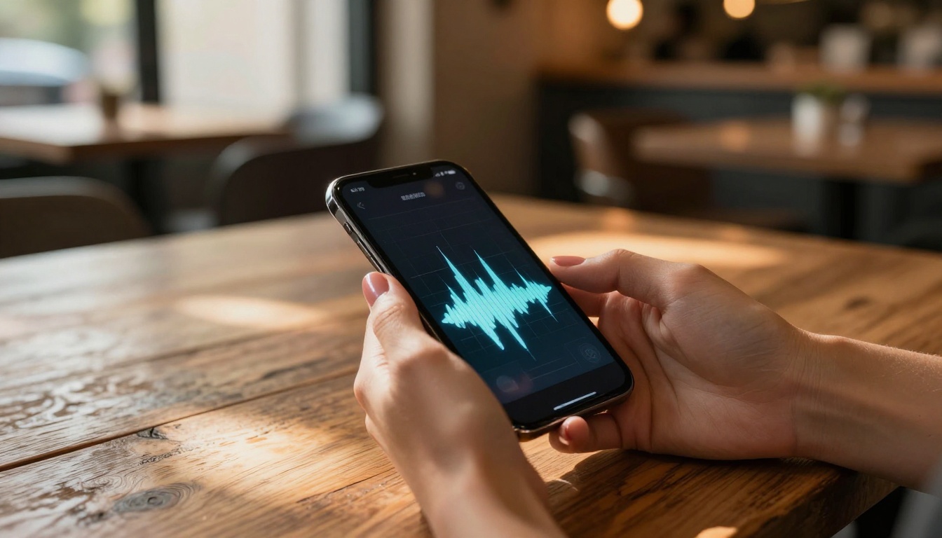 Hands holding smartphone displaying audio waveform in warm cafe afternoon light