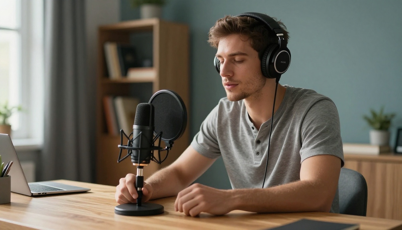 Man with audiophile headphones speaking softly to condenser microphone at warm home desk