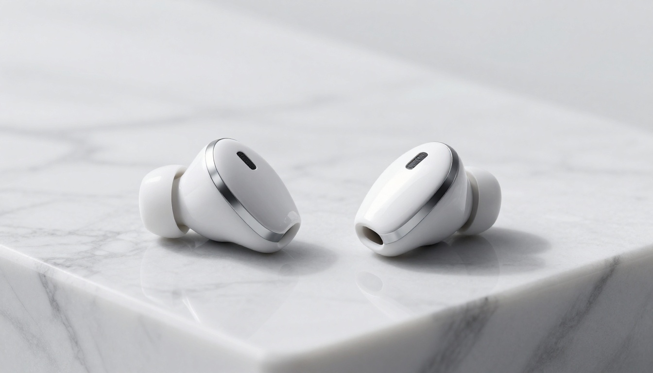 Sleek wireless earbuds on white marble surface with dramatic studio lighting