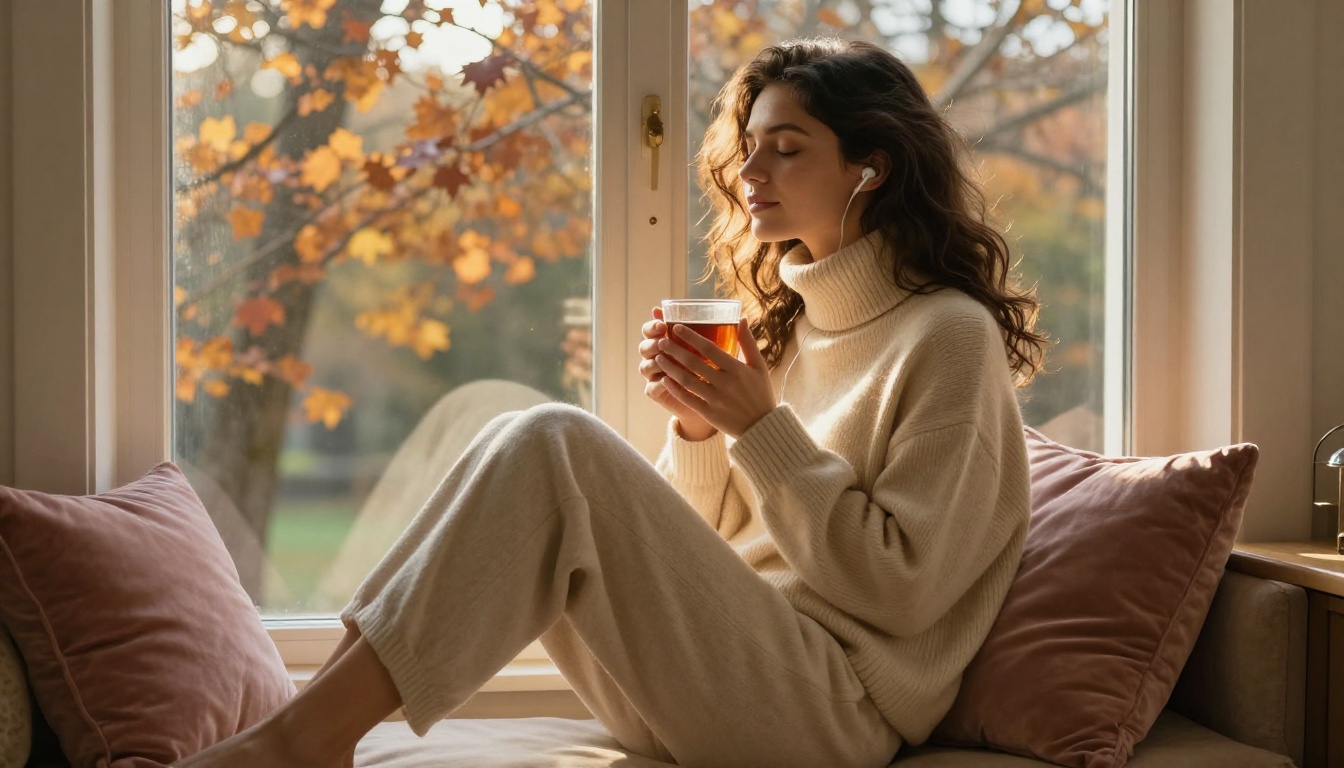 Woman in cozy window seat with mug listening through earbuds in warm autumn backlight