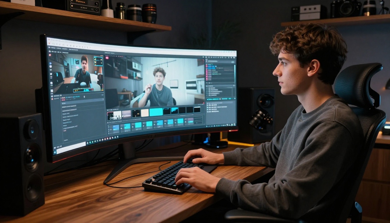 Male content creator reviewing AI-generated 1080p video on large curved monitor in dark studio Male content creator reviewing AI-generated 1080p video on large curved monitor in dark studio