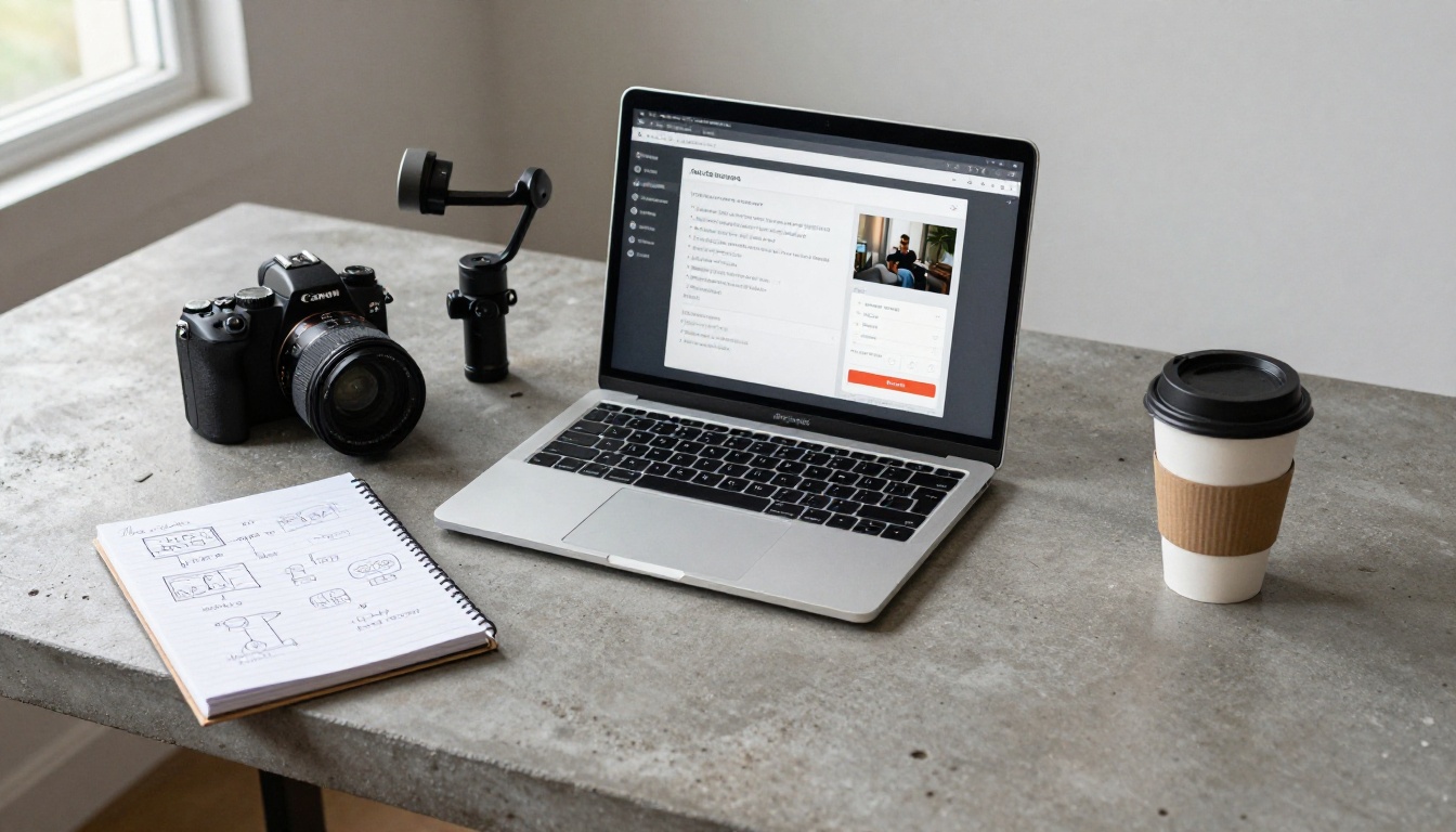 Overhead flat-lay of AI video generation workflow with laptop, camera and notebook on concrete desk Overhead flat-lay of AI video generation workflow with laptop, camera and notebook on concrete desk