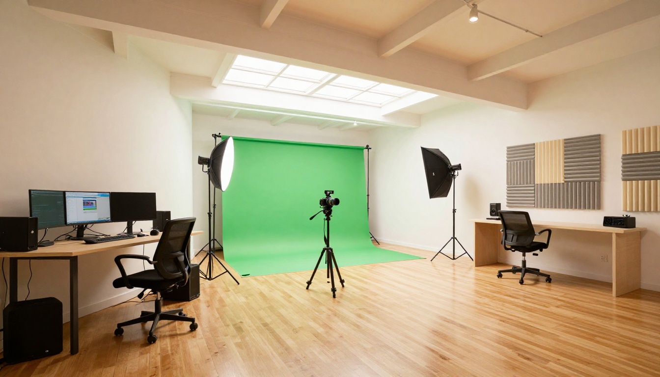 Professional content creator studio with three distinct workstation zones and skylight lighting Professional content creator studio with three distinct workstation zones and skylight lighting
