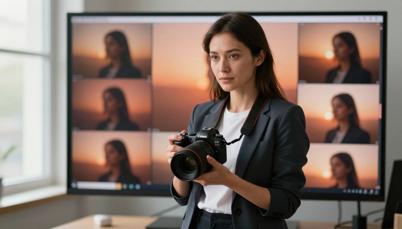 Female creator holding professional mirrorless camera in front of AI video stills displayed on monitor Female creator holding professional mirrorless camera in front of AI video stills displayed on monitor