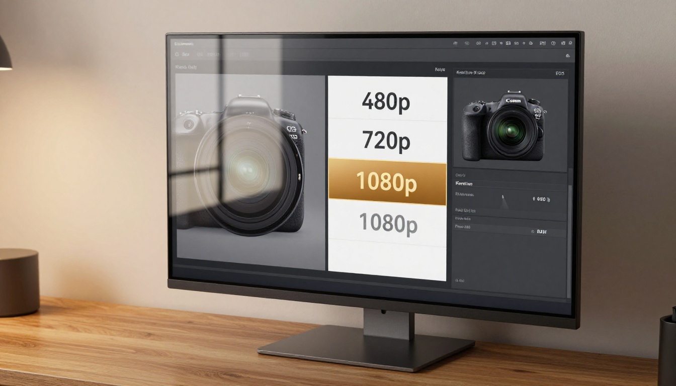 Professional monitor displaying 1080p resolution selected in AI video settings interface Professional monitor displaying 1080p resolution selected in AI video settings interface