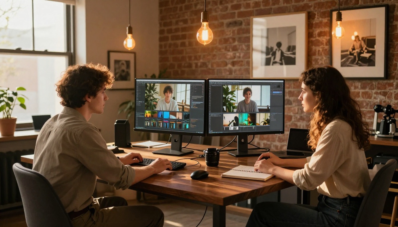 Two content creators collaborating at a shared workstation reviewing AI-generated video clips on monitor Two content creators collaborating at a shared workstation reviewing AI-generated video clips on monitor
