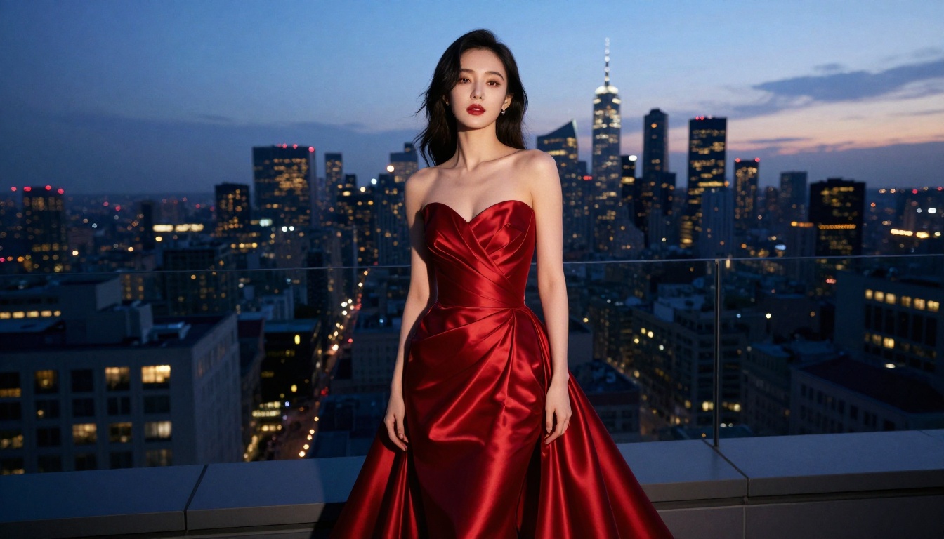 Woman in a red evening gown on a rooftop at dusk with city skyline