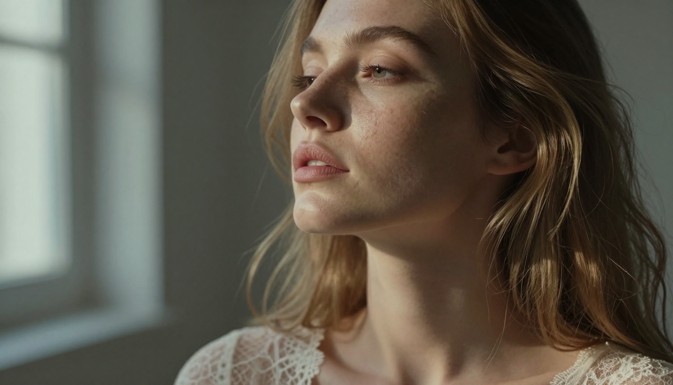 Close-up portrait of beautiful woman with artistic light and sheer lace fabric