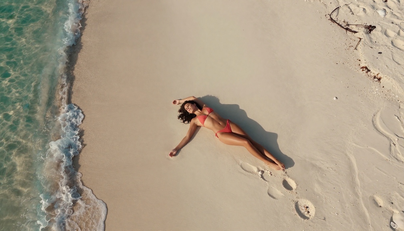 Aerial overhead view of woman in coral bikini lying on white sand beach