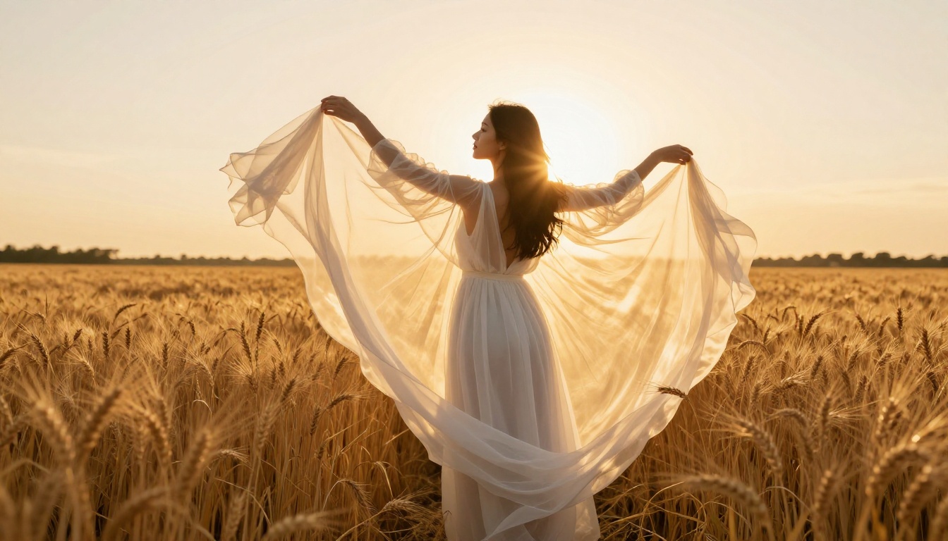 Woman in sheer white sundress in golden wheat field at sunset