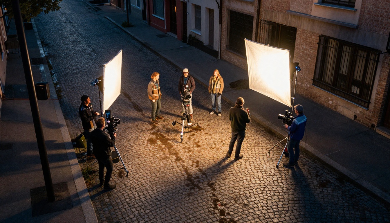 Aerial view of a film production set at twilight