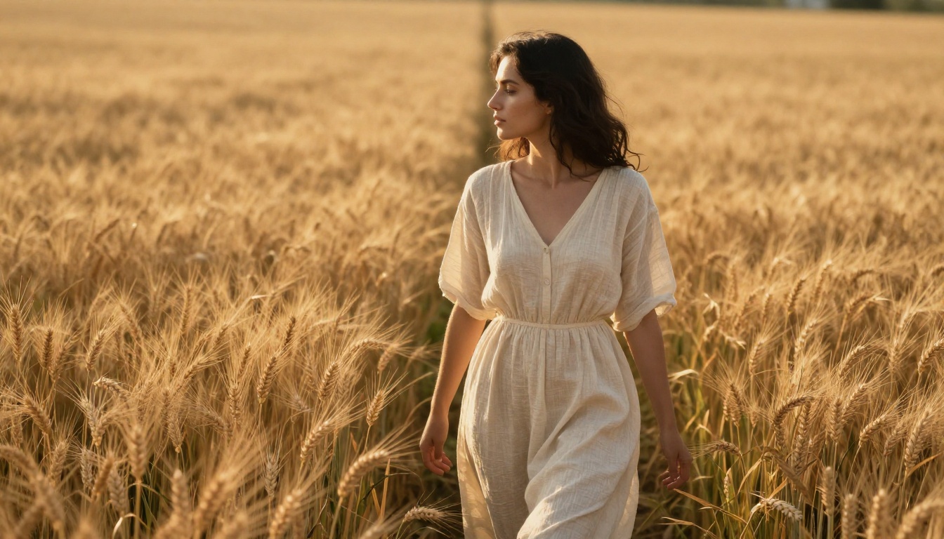 Woman walking through a sunlit wheat field
