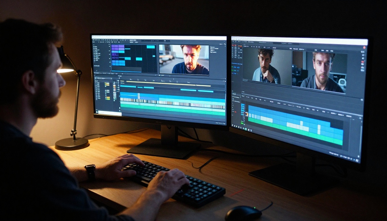 Professional video editor at a multi-monitor workstation