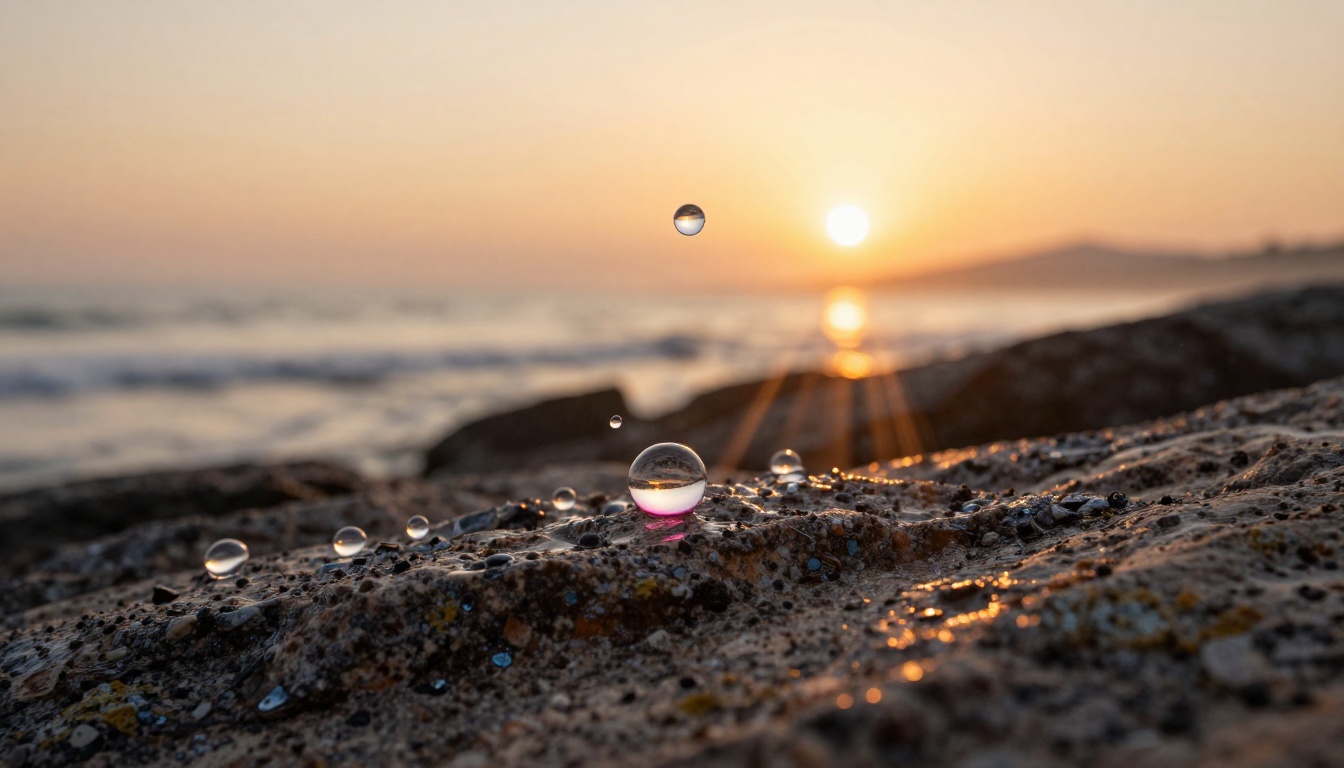 Ocean water droplets catching sunrise light on rocky shore