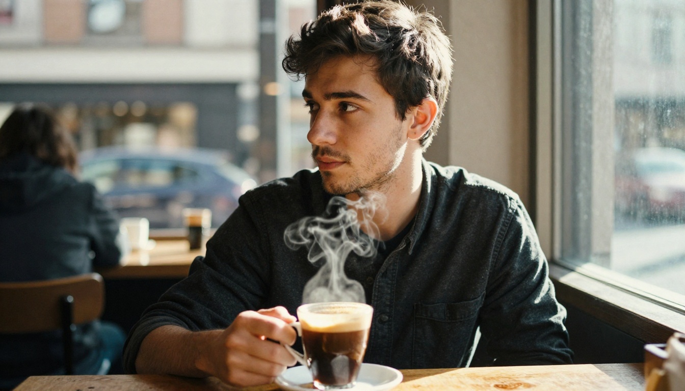 Person in a cafe window with natural morning light