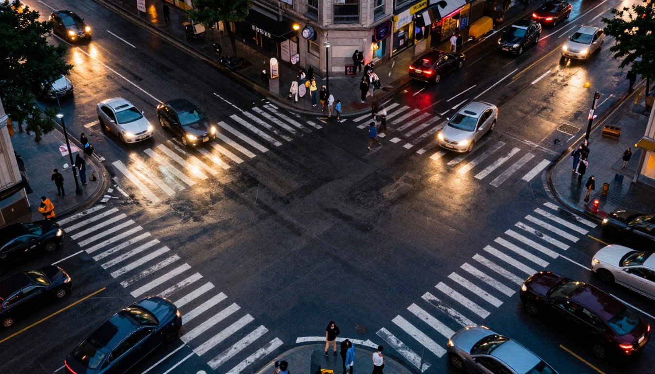 Bird's-eye view of a city intersection at dusk