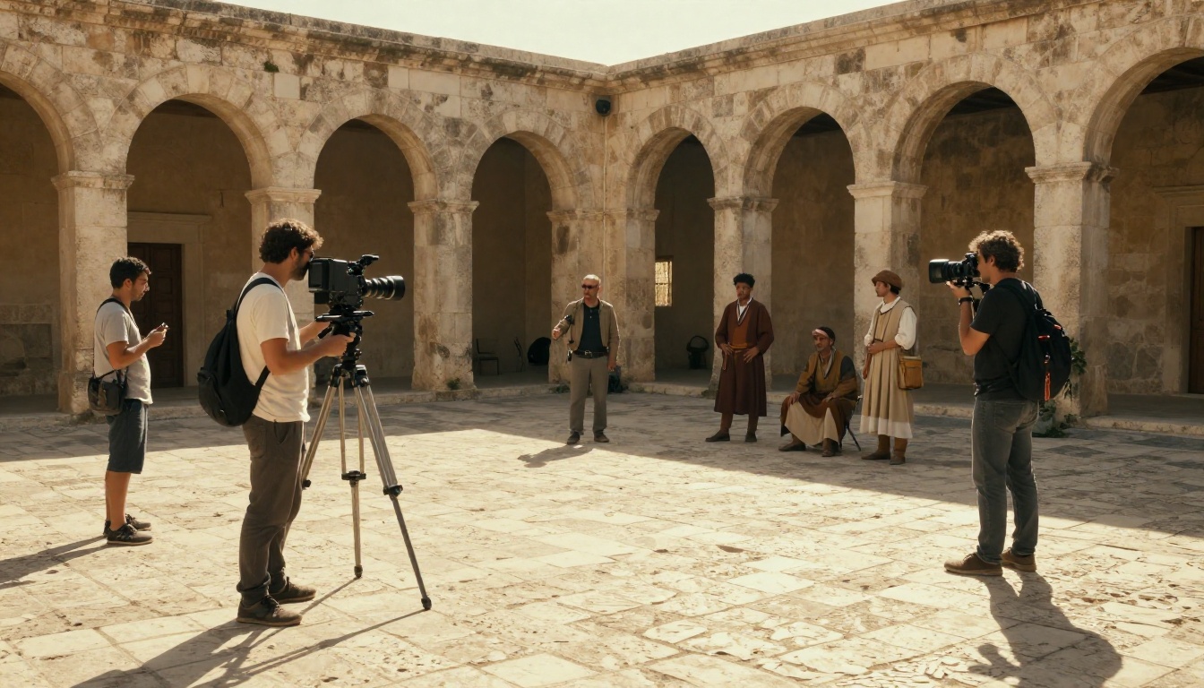 Film crew setting up on location in a Mediterranean village square