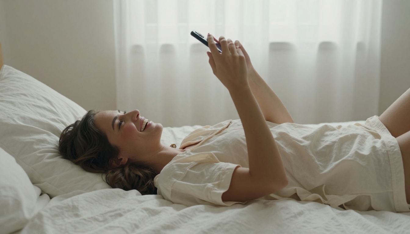 A young woman lying on her back laughing at her phone, viewed from below, soft natural bedroom light A young woman lying on her back laughing at her phone, viewed from below, soft natural bedroom light