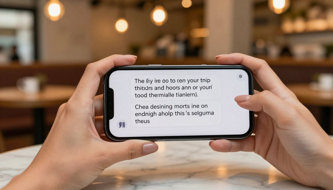 Feminine hands holding a smartphone showing a text conversation, warm cafe bokeh background, overhead shot Feminine hands holding a smartphone showing a text conversation, warm cafe bokeh background, overhead shot