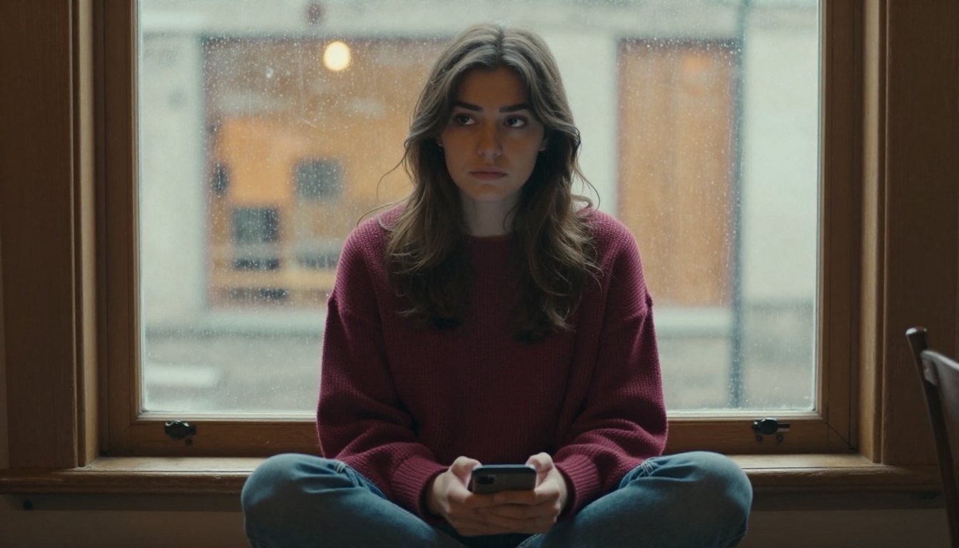 A young woman sitting on a window seat in a cafe, looking thoughtfully at rain outside, burgundy sweater, cool natural light A young woman sitting on a window seat in a cafe, looking thoughtfully at rain outside, burgundy sweater, cool natural light