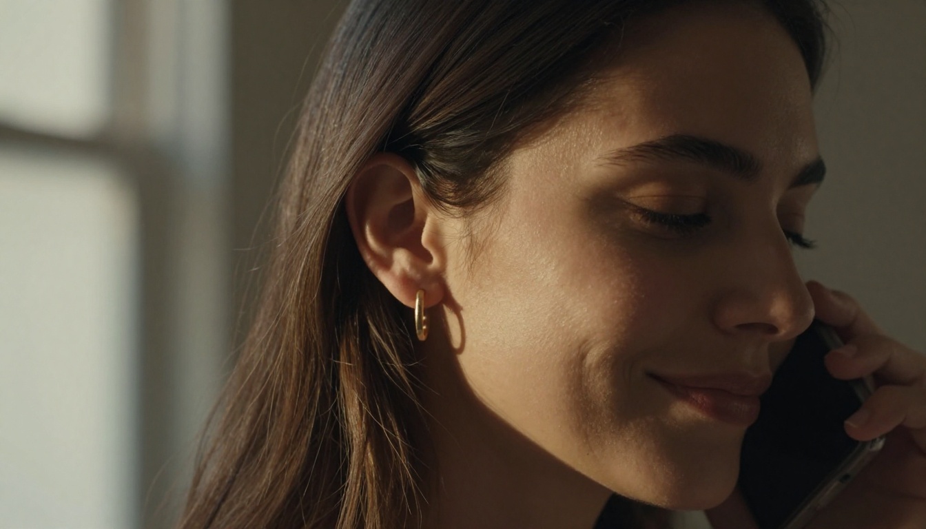 Close-up side profile of a woman holding a phone to her cheek, eyes softly closed, warm morning rim light across her face Close-up side profile of a woman holding a phone to her cheek, eyes softly closed, warm morning rim light across her face