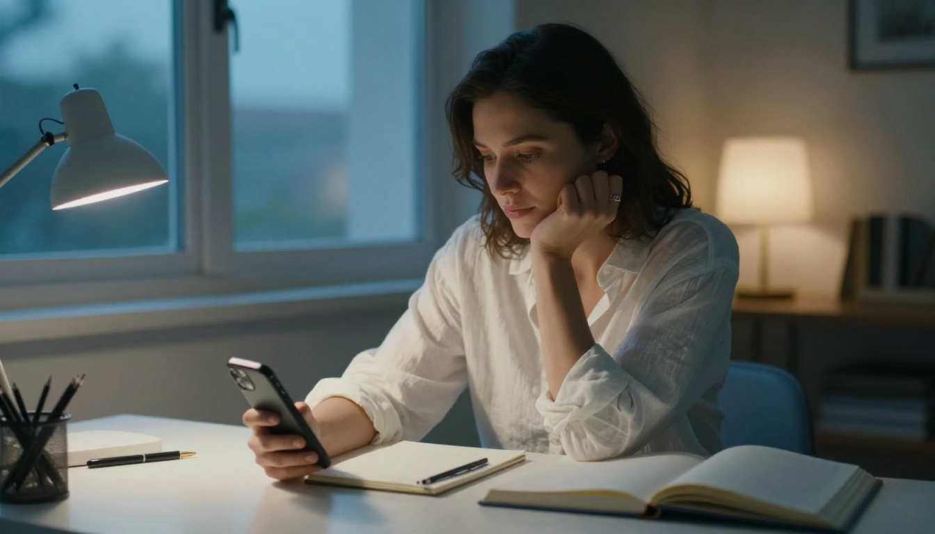 Woman sitting at a minimal desk in blue-hour light, chin resting in one hand, phone propped against a notebook, thoughtful expression Woman sitting at a minimal desk in blue-hour light, chin resting in one hand, phone propped against a notebook, thoughtful expression