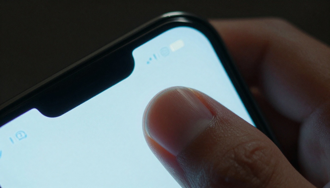 Macro close-up of smartphone screen held by feminine fingers, cool blue screen glow wrapping across skin, dark background Macro close-up of smartphone screen held by feminine fingers, cool blue screen glow wrapping across skin, dark background