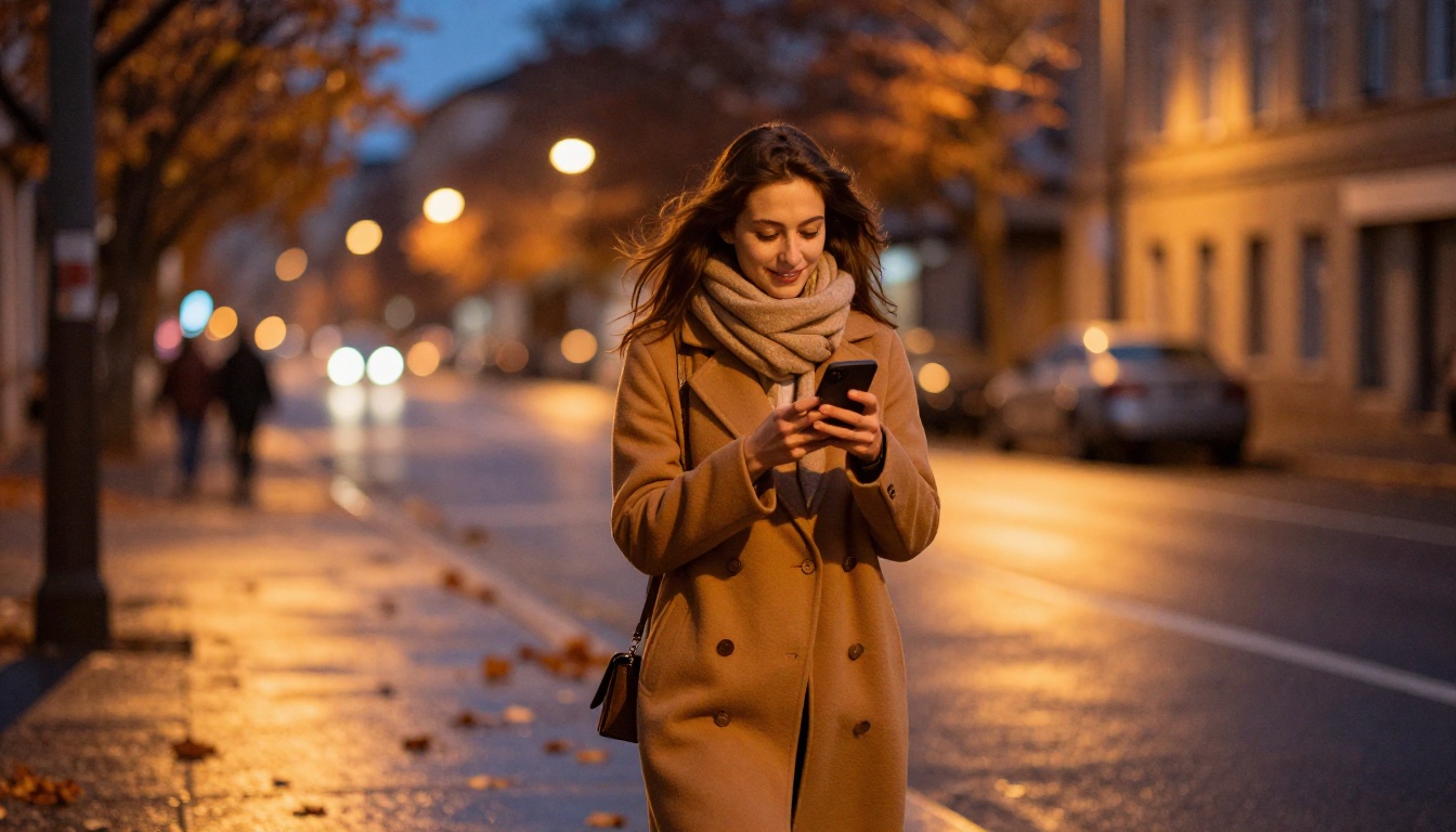 A young woman walking on an autumn street at dusk, glancing at her phone with a warm smile, camel coat, warm bokeh streetlamp background A young woman walking on an autumn street at dusk, glancing at her phone with a warm smile, camel coat, warm bokeh streetlamp background
