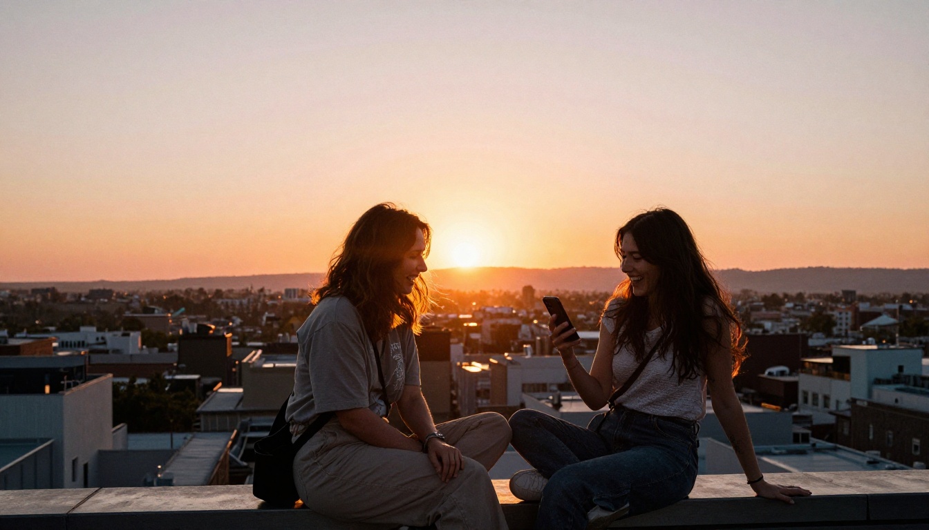 Two women on a rooftop at golden hour, one showing the other her phone, city skyline silhouetted against warm sunset, natural laughter Two women on a rooftop at golden hour, one showing the other her phone, city skyline silhouetted against warm sunset, natural laughter