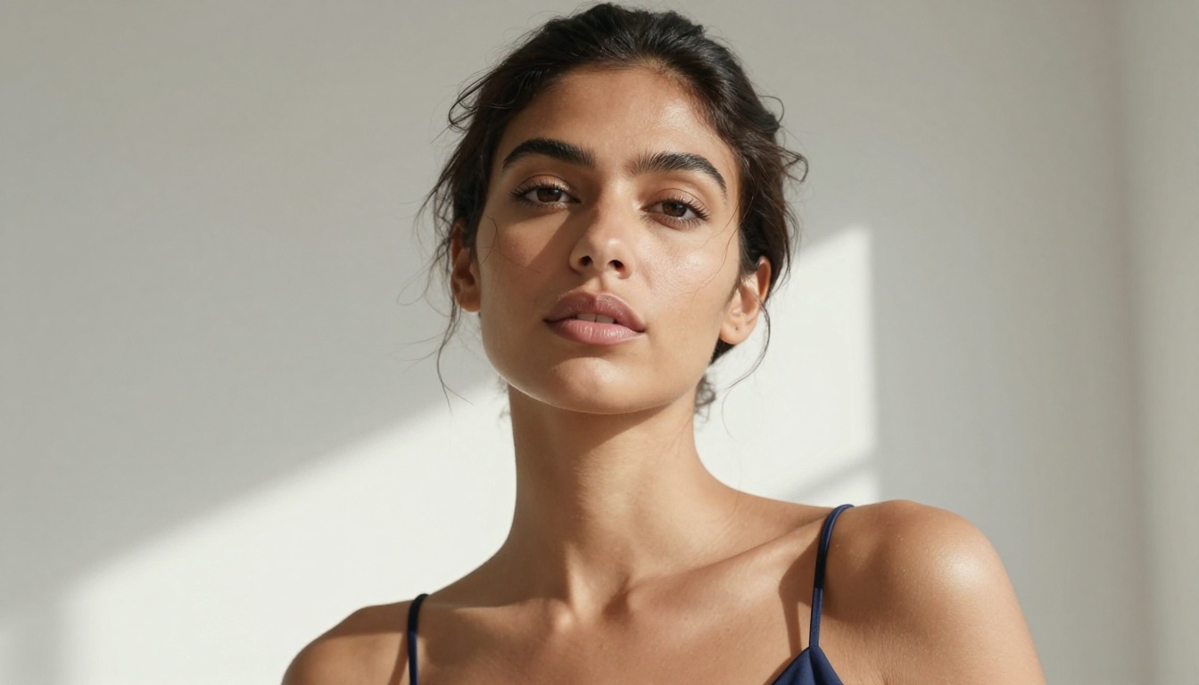 Photorealistic close-up portrait of a beautiful woman with olive skin and sharp cheekbones standing in a sunlit white minimalist room