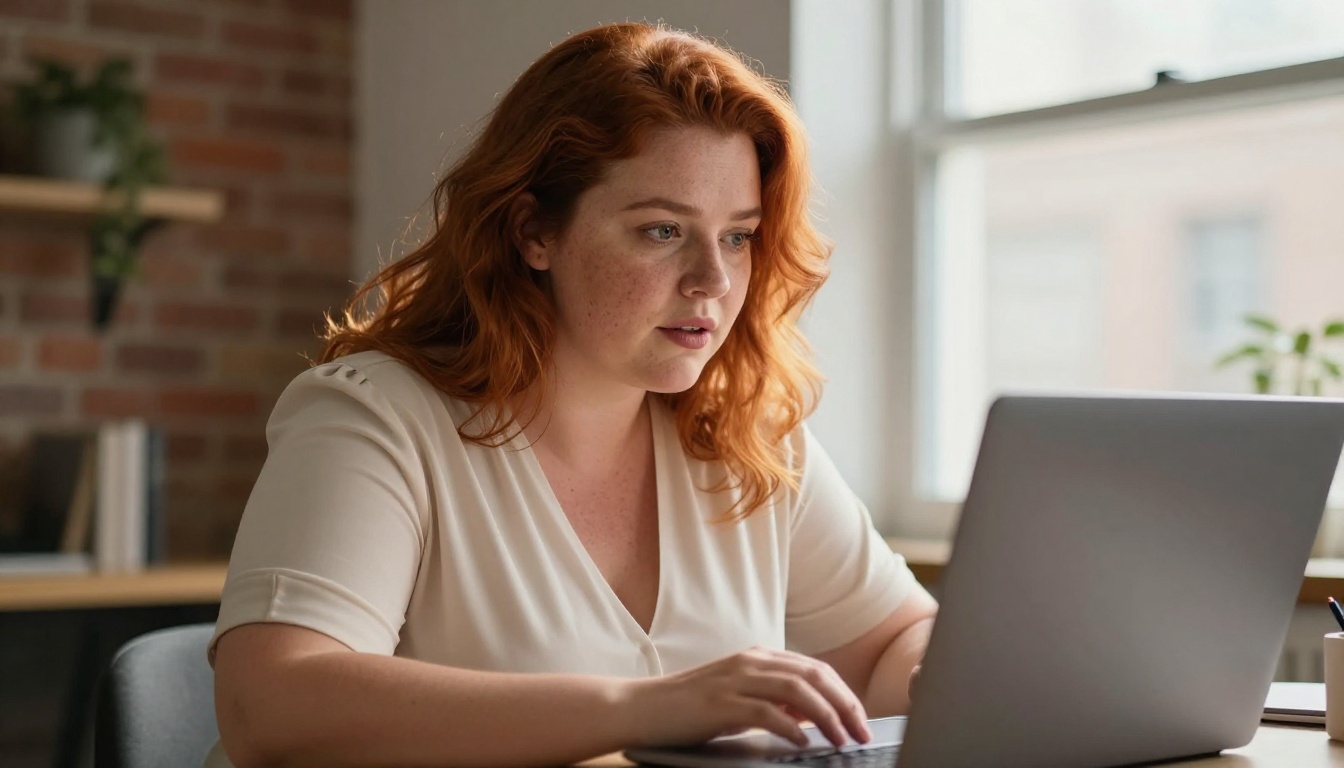 Curvy woman with auburn hair at a desk interacting with an AI interface, natural morning light
