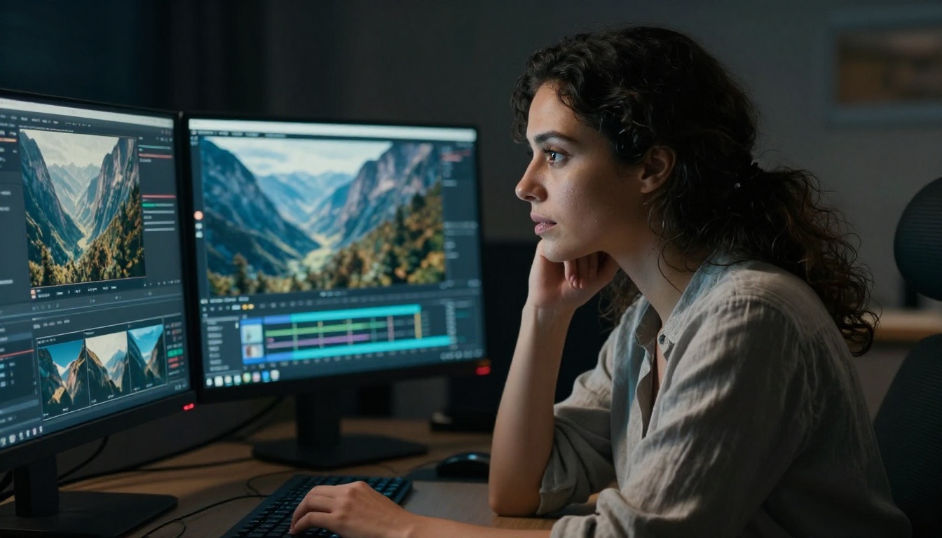 Woman video editor carefully reviewing AI footage on dual monitors Woman video editor carefully reviewing AI footage on dual monitors
