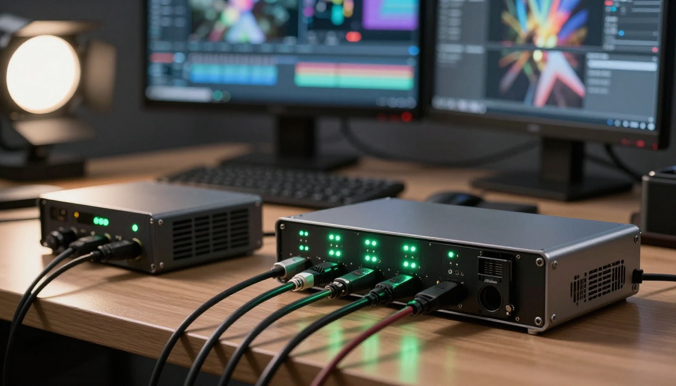 Professional video hardware and SSD array in a production studio Professional video hardware and SSD array in a production studio