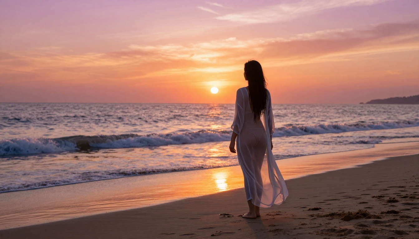 Woman on beach at golden hour facing the ocean in flowing sheer cover-up