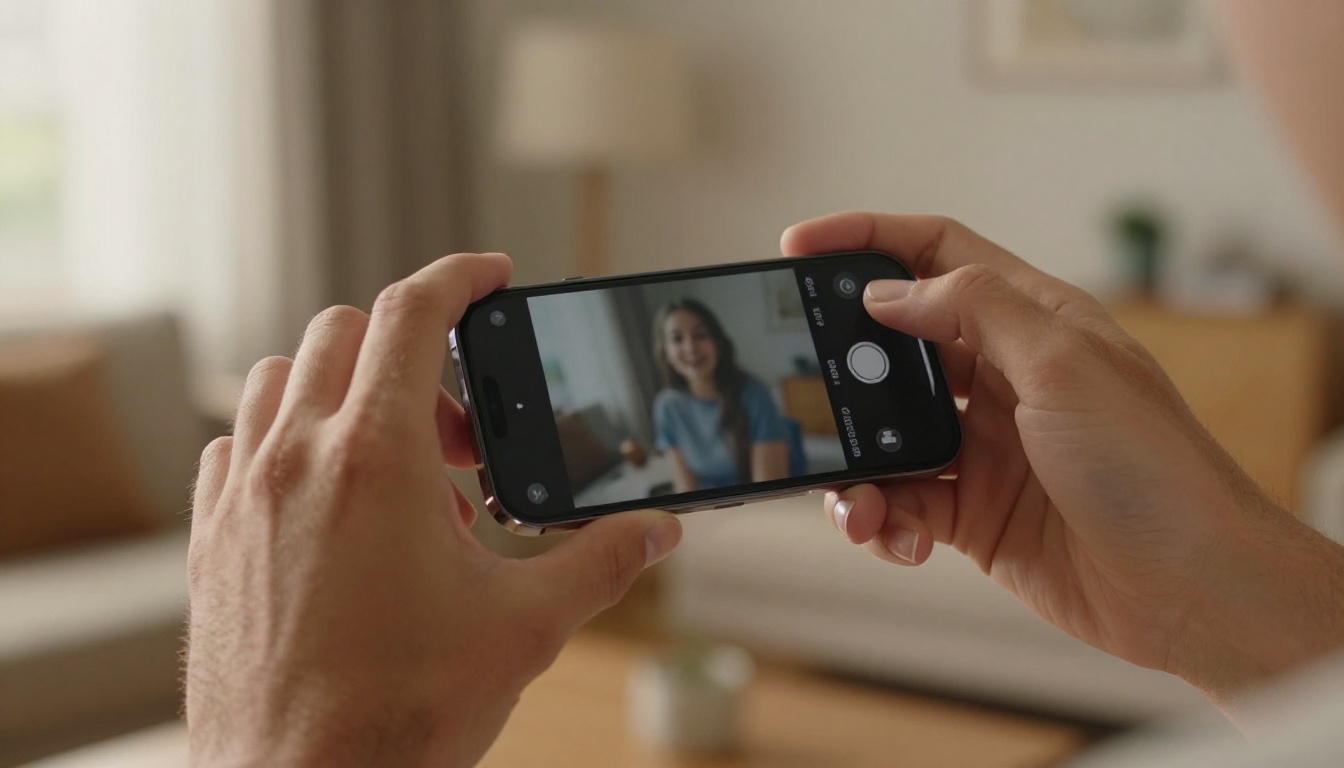 Hands holding smartphone displaying AI image generation interface in warm interior light
