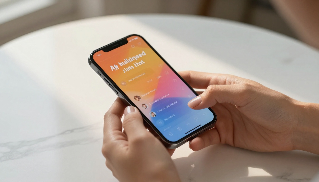 Elegant feminine hands with natural nude nails holding a sleek modern smartphone displaying a vibrant AI chat interface on a white marble table